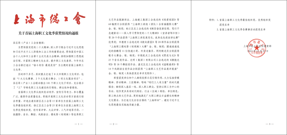 关于首届上海职工文化季获奖情况的通报